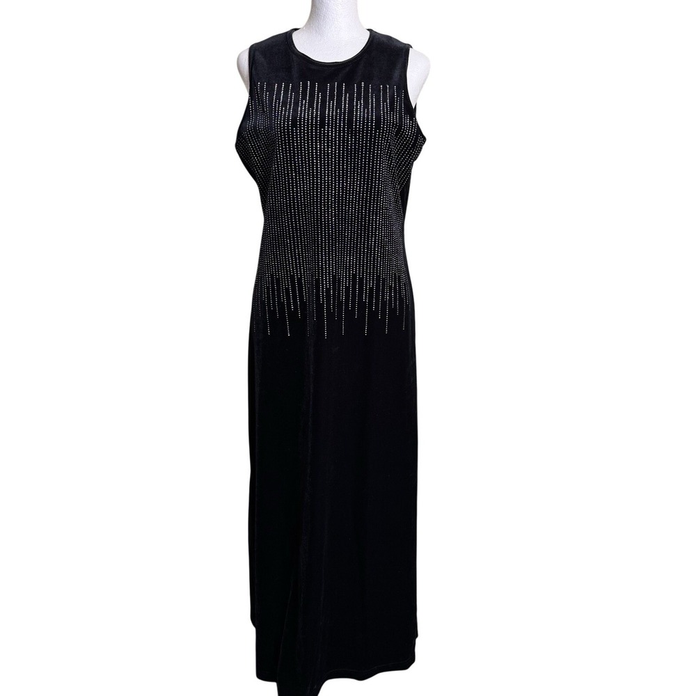 Vtg 90s Whimsigoth Black Velvet Rhinestone Maxi Dress Ronni Nicole Goth Gown 10P